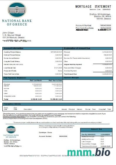 Grecja Bank Narodowy Grecji wyciąg z kredytu hipotecznego szablon Word i PDF